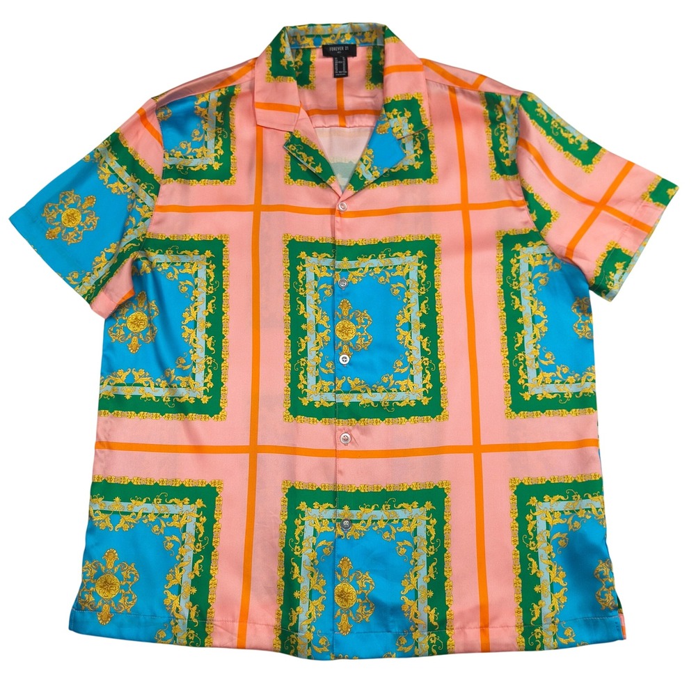 Forever 21 Men XL Baroque Scarf Print Short Sleeve Button Up Camp Shirt Pink
